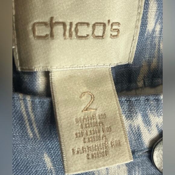 Chico's Sz 2 Large / 12 Blue 100% Linen Ikat Pants Coastal Beachy Lightweight - Picture 3 of 6